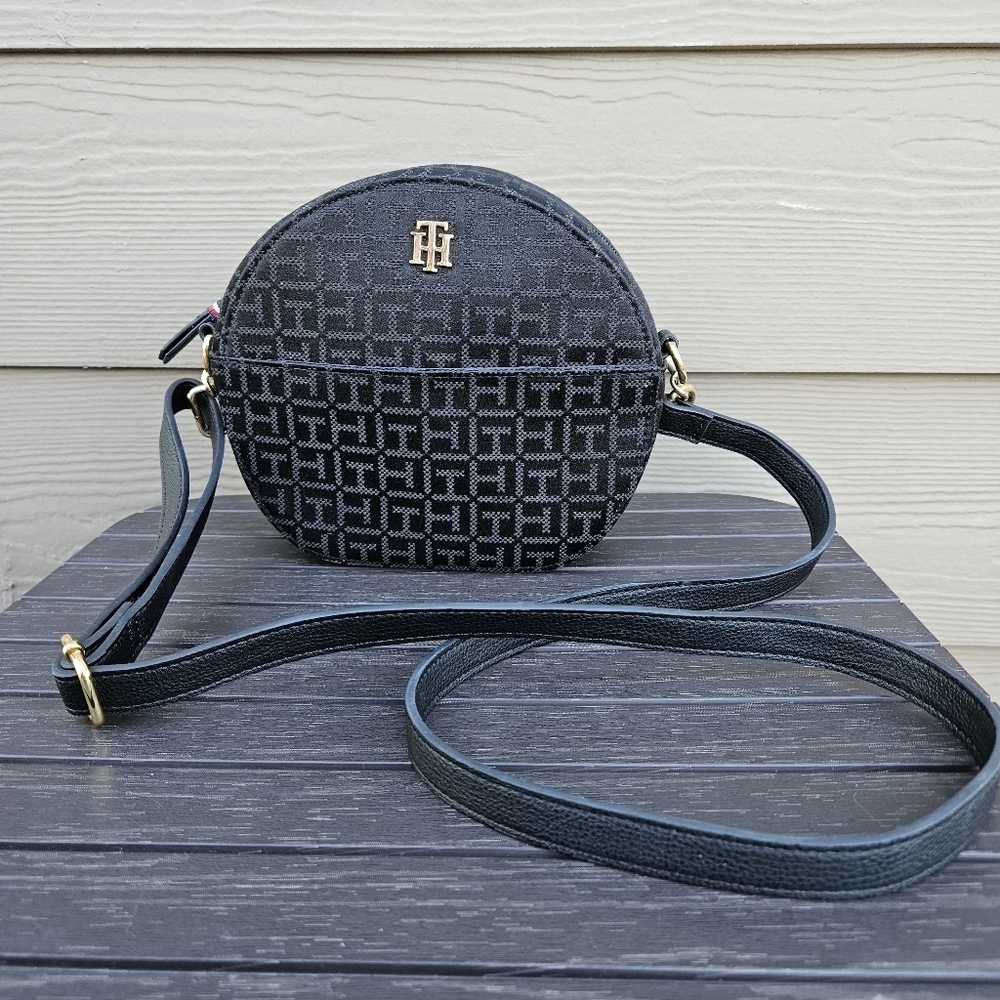 Tommy Hilfiger Joy II Canteen Crossbody Square Monogram Jacquard Black Tonal Bag
